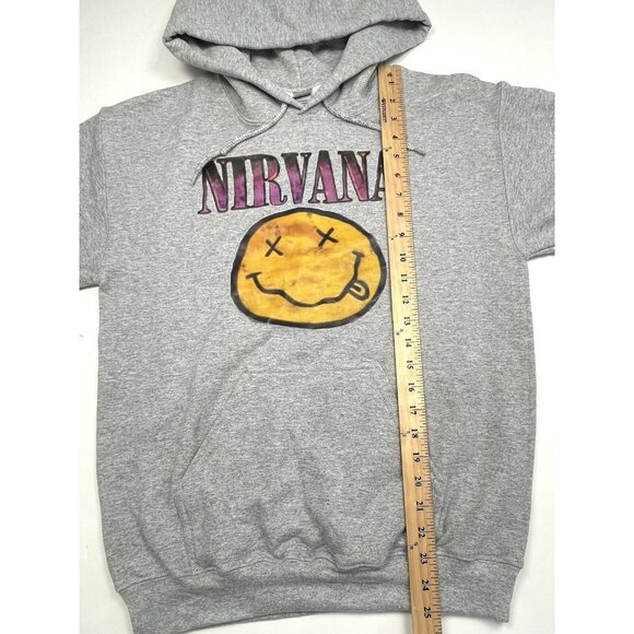 NIRVANA Adult SMALL Gray Graphic Print HOODIE Sweatshirt Smiley Face Gildan EUC - Picture 5 of 8